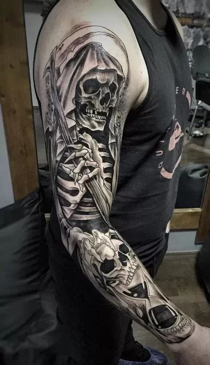 Grim reaper sleeve tattoo - Try a Temporary Tattoo. Geometric patterns are always in style and can be used in a good way to display an intricate black sleeve tattoo. As you can see in the image, the geometric shapes have been inked from the upper arm till the beginning of the forearm. Hence, this is more of a half-sleeve tattoo. However, you can ask your tattoo artist to ...